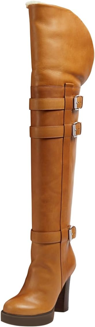 FSJ Women Over The Knee Boots Platform Chunky High Heels Round Toe Buckled Strappy Folded Fur Collar Fashion Fall Winter Shoes Size 4-16 US
