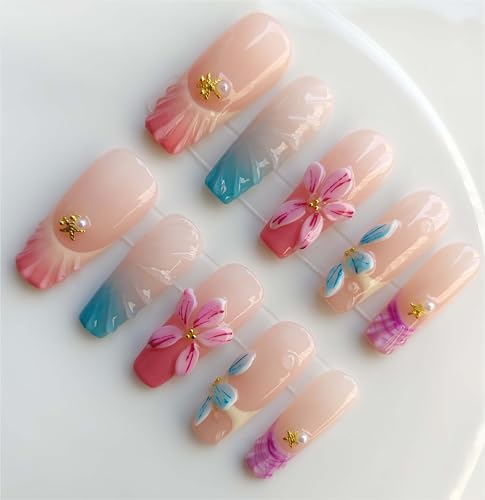 10pcs Handmade Long Press-on Nails Coffin Shape (M Size) with 3D ...
