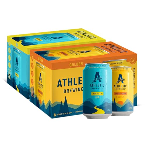 Athletic Brewing Company Craft Non Alcoholic Beer, Vegan Golden & IPA, Low Calorie Brews, 6 Upside Dawn & 6 Run Wild, 12 Pack, 12 FL Oz Cans