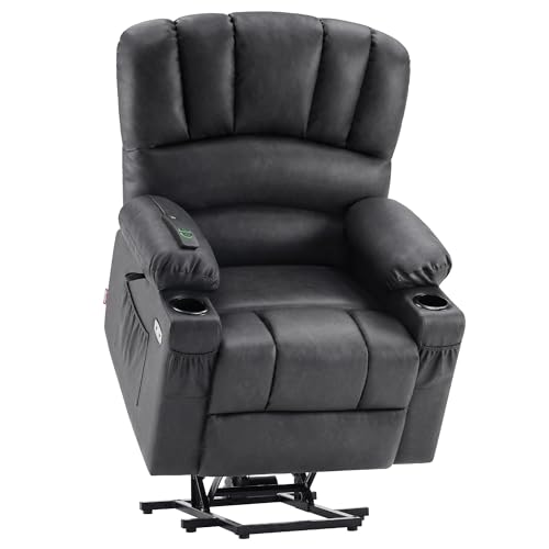 MCombo Power Lift Recliner Chair for Elderly, Lift Chair with Heat and Massage, USB &Type C Ports, Cup Holders, Faux Leather 7095 (Medium, Grey)