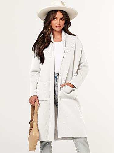 Anrabess 2023 Long Sweater Cardigan Women Fall And Winter Open Front Lapel Casual Knit Coat Coatigan Jacket Oversized Wool Outfits Clothes With Pockets 934Mibai-M White #TOP2