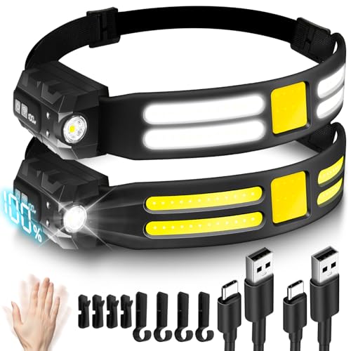 TJINHEZ Torcia da testa ricaricabile, super luminosa, fascio largo 230°, 30 ore di autonomia, 6 modalità con sensore di movimento, lampada frontale impermeabile leggera per campeggio, pesca,