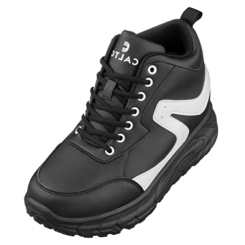 CALTO Men's Invisible Height Increasing Elevator Shoes - Black/White Lace-up High-Top Hiking Style Sneaker Boots - 4 Inches Taller - S22772 - Size 12 D(M) US