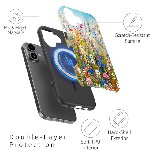 Image of Goodon for iPhone 16 Plus Case Cute - Wireless Charging Compatible - Dual-Layer Hard Shell + Silicone Cover - Protective Phone Case with Trendy Designs for Women - Wildflowers Painting