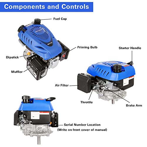 Bilt Hard Gas Engine Vertical Shaft, 173Cc 4.4 Hp 4-Stroke Gas Motor, Replacement Engine For Lawn Mower, Epa & Carb Compliant #TOP2
