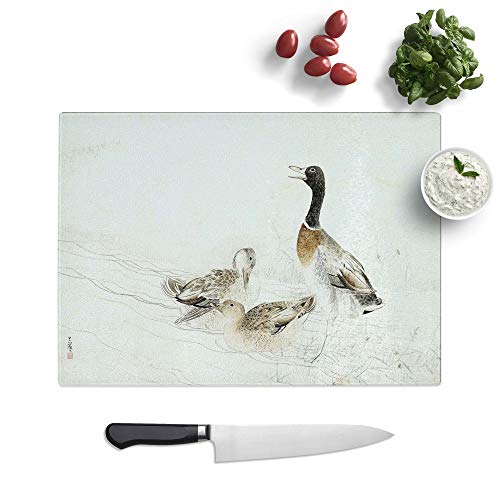 Glass Chopping Board - Ducks at The Water by Matsumura Goshun - Textured Worktop Saver Cutting Board - Heat Resistant, Shatterproof and Hygenic - 39 x 28.5 cm