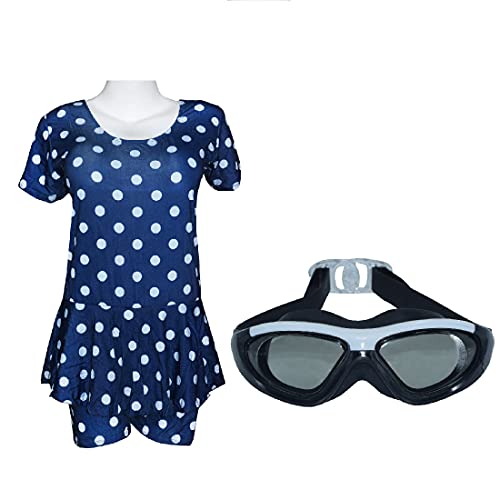 Image of I-SWIM LADIES COSTUME IS-103 NAVY /WHITE DOTS SIZE 2XL WITH GOGGLES SILICONE IS-SG LARGE WITH BOX GREY