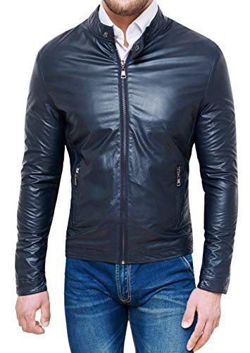 Veste moto homme casual bleu foncé : confort et style en faux cuir - 3