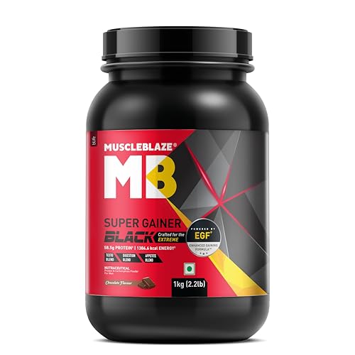 MuscleBlaze Super Gainer Black with Enhanced Gaining Formula™- Appetite, Digestion & Testo Blend for Muscle Mass Gain (Chocolate, 1 kg / 2.2 lb) MuscleBlaze Super Gainer Black with Enhanced Gaining Formula™- Appetite, Digestion & Testo Blend for Muscle Mass Gain (Chocolate, 1 kg / 2.2 lb)