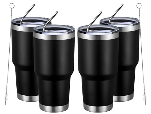 Image of MEWAY 30oz Insulated Tumbler With Lids and Straws,Stainless Steel Double Vacuum Coffee Tumbler Cup, Brush, Durable Powder Coated Coffee Cup for Cold & Hot Drinks, Office, Travel(Black,4 PACK)