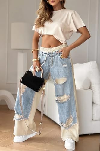 Women’s Vintage Distressed Baggy Denim Pants Contrast High Waist Patchwork Ripped Jeans Elastic Wide Leg Trousers Street3