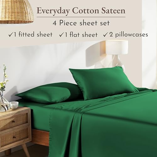 Image of California Design Den Deep Pocket Queen Sheets Set - Natural 100% Cotton Sheets Queen Size Bed Set, Soft Sateen Weave, Breathable and Durable Bedding (Emerald Green)
