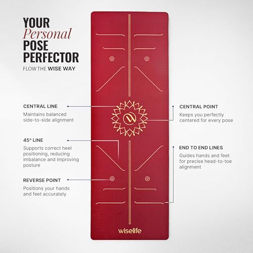 Image of WiseLife Lotus Alignment 10mm Yoga Mat with Strap | Non-Slip Thick Exercise Mat for Yoga, Pilates, Gym & Flexibility Training (Wine)