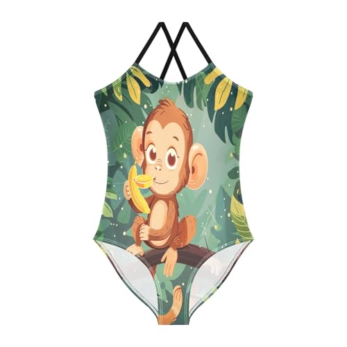 Cute Cartoon Monkey Green Leaves One Piece Girls Swimsuit, Beach Apparel 3-10 Y with Adjustable Shoulder Strap, 3-10 Y