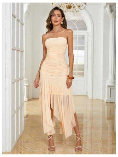 Image of Floerns Tube Tops Dress for Women Asymmetrical Stretch Sexy Ruched Long Bodycon Cocktail Evening Wedding Guest Dress
