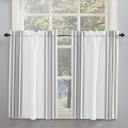 Grey Striped Kitchen Curtains 45 Inch Length For Windows, Modern White Striped Abstract Art Aesthetics Window Treatment Tiers Curtain For Bedroom Bathroom Living Room Cafe, 27.5 X 45 Inch, 2Panels #TOP12
