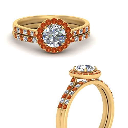Image of Choose Your Gemstone Round Halo Ring with Matching Pave Band Yellow Gold Plated Round Shape Wedding Ring Sets Everyday Jewelry Wedding Jewelry Handmade Gifts for Wife US Size 4 to 12