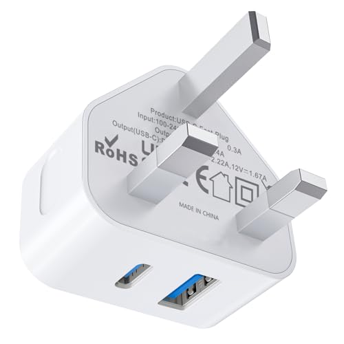 USB C Plug Fast Charge,25W USBC Charger Plugs Adaptor UK for New Apple iPhone 17 Pro Max Air 16e 16 Series/15 Series/14 Series/13 Series/12/11 SE/iPad Series/Watch,Type C and A USB Port Charging Plug