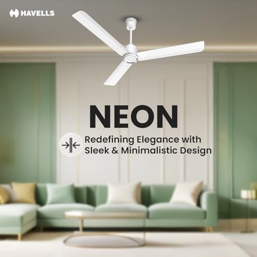 Image of Havells NEON BLDC 1200mm Premium Ceiling Fan with 100% Pure Copper| 5 Star Rating | Remote Controlled | Watt: 28|Air Flow: 220 cmm|Speed: 350 RPM| 2 Years Warranty (White Satin)