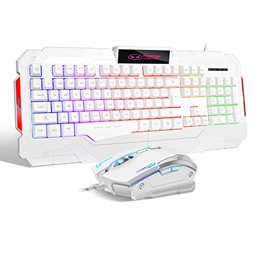 Gaming Keyboard, Qwertz Keyboard GK806 Rainbow LED Backlit Cable Keyboard 7 Button Optical Mouse USB Gaming Keyboard and Mouse Combo Set for PC Laptop?White?