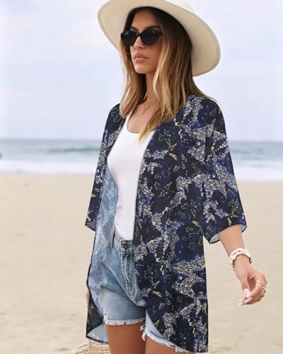 Image of Women's Floral Print Puff Sleeve Kimono Cardigan Loose Cover Up Casual Blouse Tops 2026