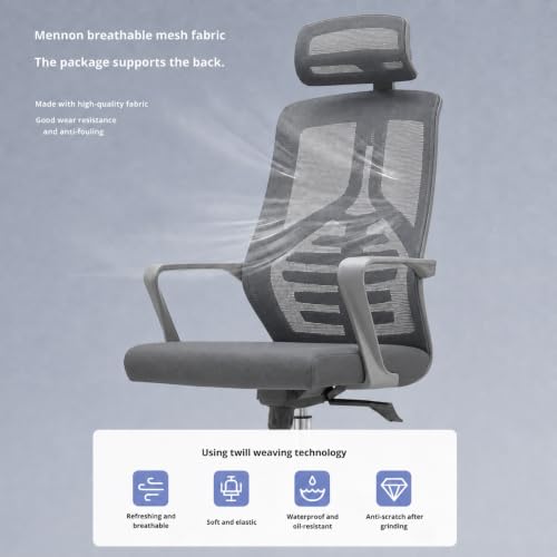 Image of Ergonomic High Back Mesh Office Chair with Headrest - Grey Revolving Executive Desk Chair with Breathable Mesh Back, Fixed Armrest & Chrome Base for Home & Office