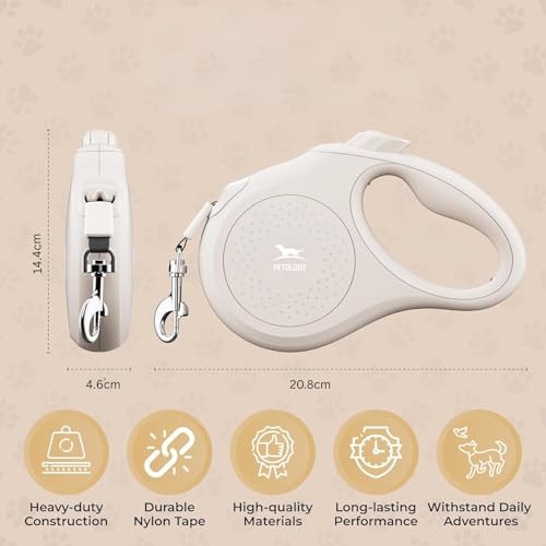 Image of Petology Retractable Dog Leash | 5 Meter (16ft) Nylon Tape | for Dogs Upto 50kgs | Heavy Duty Rope, 360 Tangle-Free, One-Hand Brake & Lock System, Anti-Slip Comfortable Grip