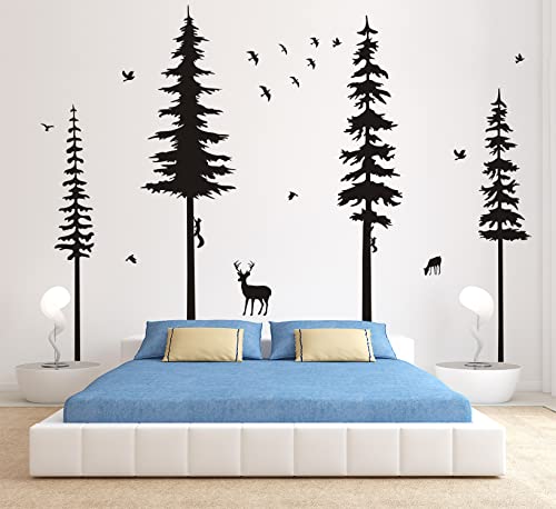 Pine Tree Wall Decals Woodland Vinyl Wall Sticker Forest Wall Decals With Animal Wall Stickers Squirrels Deers Wall Stickers For Kids Nursery Children Room Living Room Wall Decoration (Black) #TOP1