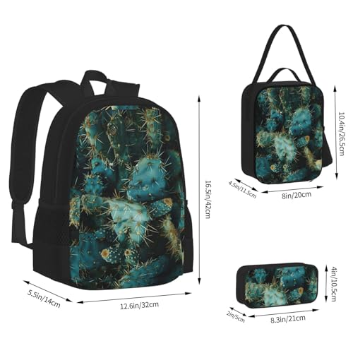 Cactus Print 3 Piece Backpack Set, Laptop Daypack, Lightweight Bookbag Set With Lunch Bag Pencil Case3