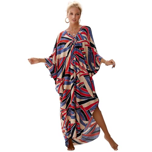 Image of Miss Lavish London Long Kaftan Dress for Women - Summer Printed Plus Size Maxi Caftan, Swimwear Coverup, Lounge Party Dress, Hawaii Vacation Outfit