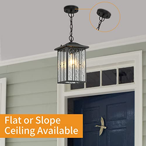 Smeike Outdoor Pendant Light, Black Exterior Hanging Lights, Led Outdoor Chandelier, Modern Hanging Lantern For Porch, Ceiling Entry Porch Patio Matte Black With Water-Rippled Glasses #TOP5