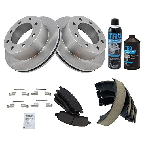 Image of TRQ Rear Brake Pad & Rotor Kit, with Chemical Kit Parking Brake Shoe Set Ceramic Compatible with 2000-2005 Ford Excursion 1999-2004 F-250 Super Duty F-350 Super Duty