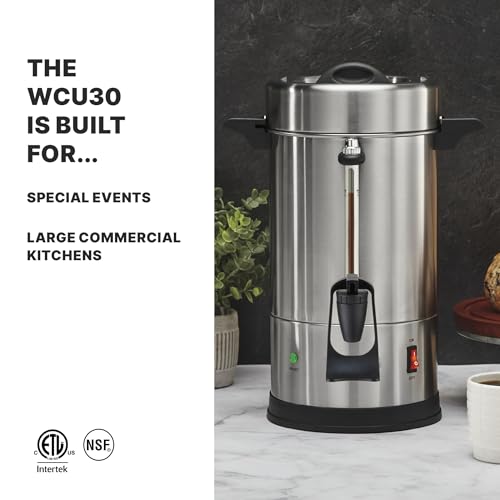 Image of Waring Coffee Urn with 30 Cup Capacity Stainless Steel Electric Percolator | 30 Cup Capacity Stainless Steel Electric Percolator, Dual Heater System for Commercial Kitchens & Catering, NSF Certified