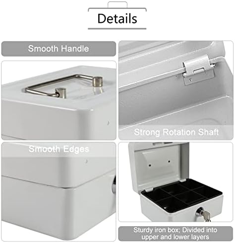 Security Box Mini Security Box with Key Lock, 6 compartments Cash Money Lockable Storage Bank Household New(White)