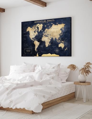 Image of IPIC - Canvas World Maps for Wall Decor, Push Pin Board Decor to Mark Travels, Oversize World Travel Map Print for Home, Office, Study, and RV, Ready to Hang