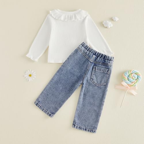 Adobabirl Baby Girl Fall Clothes Toddler Outfit Ruffle Ribbed Long Sleeve Shirt and Jeans Denim Pants Set 2 Piece Clothing (White, 18-24 Months) by Adobabirl - Used condition - Image 6