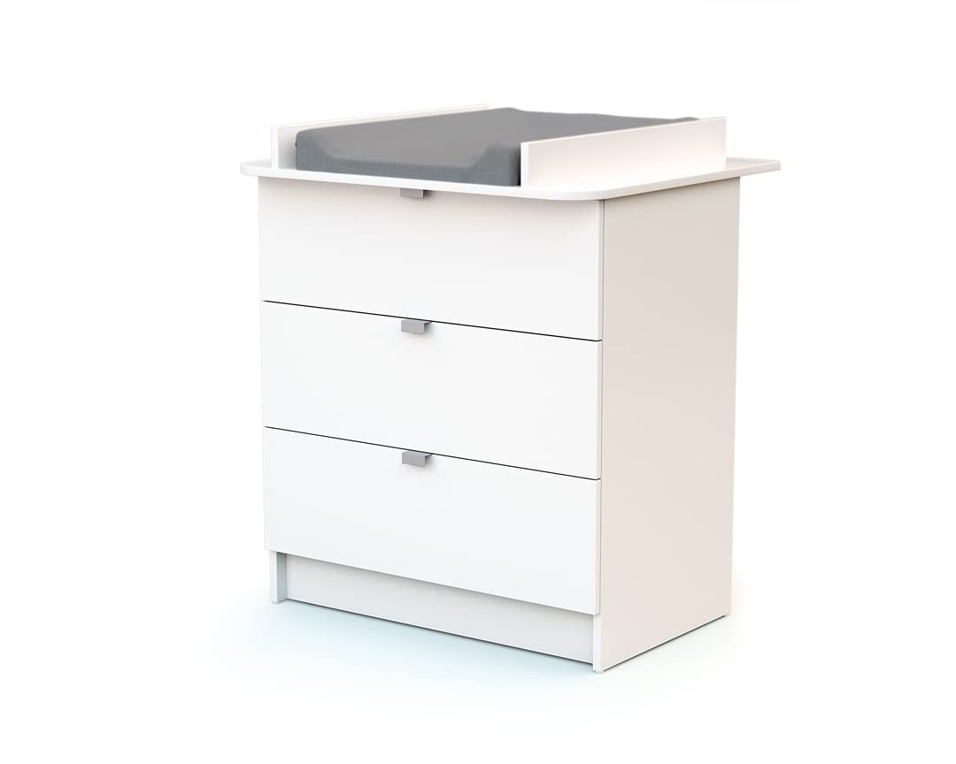 WEBABY – Weißes Duo aus Babybett und Kommode | 60x120 Bett | Verstellbarer Lattenrost in 3 Höhen | Kommode mit 3 Schubladen | Abnehmbarer Wickeltisch inklusive