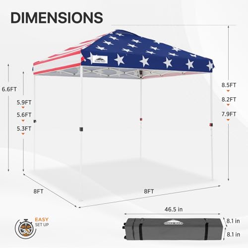 EAGLE PEAK Pop Up Canopy Tent with Wheeled Carry Bag, 8 Stakes, 4 Ropes, Easy Set Up Tent Canopy, 8x8 ft, American Flag
