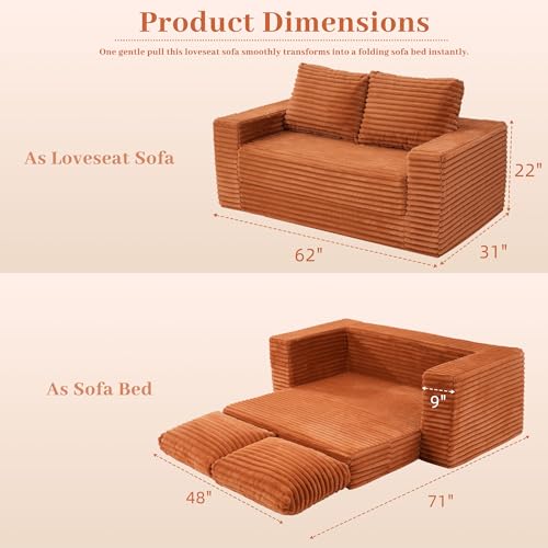 Image of HABUTWAY 62 inch Small Boneless Couch,3-in-1 Convertible Folding Sofa Bed, Corduroy Loveseat Sofa Bed w /2 Pillows for Living Room /Guest Room No Assembly Required, Brown
