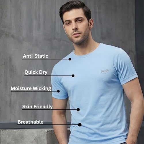 Image of playR Men's Polyester Adult Training Tee - Round Neck Half Sleeve Regular Fit DRIVENT, Lightweight Breathable Activewear for Gym Running Workout Yoga All Season