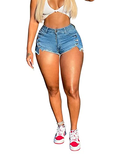 Siaeamrg High Waisted Womens Jean Shorts For Summer, Casual Summer Stretchy Frayed Raw Hem Teen Girls Denim Shorts (D-Light Blue, M) #TOP1