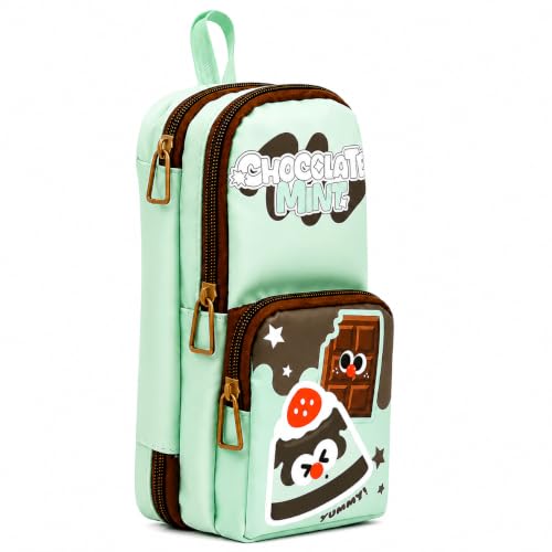 Image of Alokik 3 Compartment Pencil Pouch for Kids, Cute Cartoon School Pencil Case with Multiple Zipper Compartments, Stationery Organizer Bag for Boys & Girls, Portable Pen & Pencil Storage(Chocolate Mint)