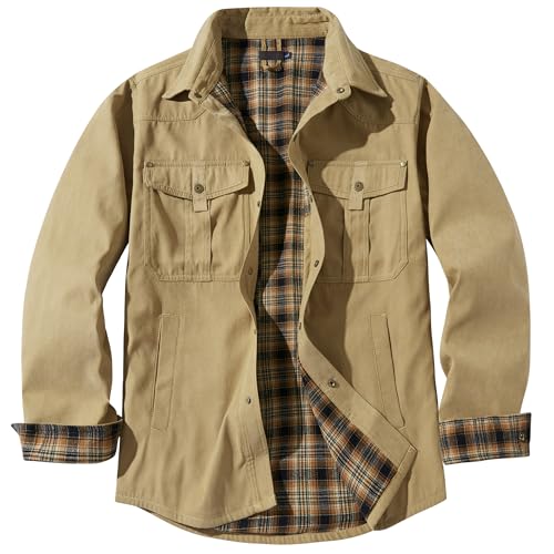 Jacket for Men Flannel Lined Shirt Jackets Long Sleeve Button Down Plaid Shirt Western Cowboy Casual Overcoat Tops