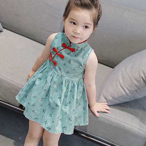 Vestidos infantiles para niños 2026 Cheongsam Ropa Outings Flores Sin Mangas Bebé Niña Fiesta Princesa Niño Niño Casual Largo Negro Vestidos de Niña de Flores, verde, 3-4 años