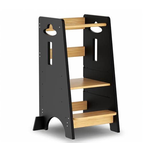 COSYLAND Torre de Aprendizaje para Niños - Torre de Aprendizaje de Madera para Bebés de 1 a 6 Años - Altura Ajustable en 3 Niveles - 80CM - Negro Clásico y Natural