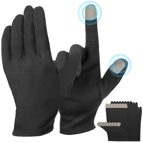 ENPOINT Touch Screen Gloves - 5 Pairs Large Black Cotton Gloves for Dry Hands Sleeping Moisturizing Coin Handling Jewelry Photography Men and Women with Pack of 20 Touch Screen Stickers