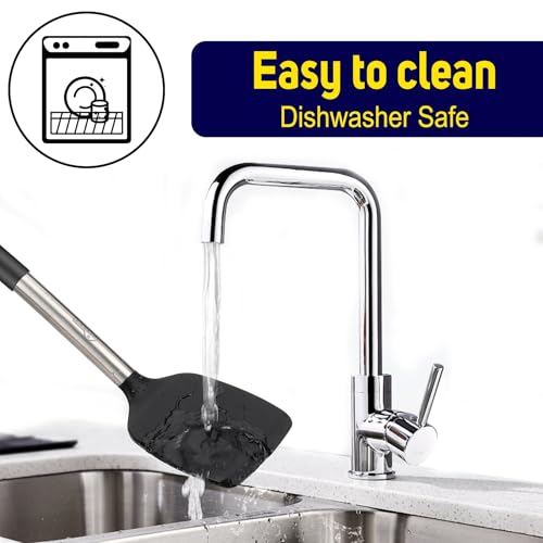 HOTEC Silicone Spatula Set of 2 Heat-Resistant 600°F & BPA-Free Kitchen SaptulaTurner with Stainless Steel Handles, Slotted & Solid Spatulas for Nonstick Cookware, 13.7 Inch, Black