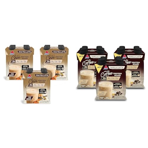 Atkins Chai Tea Latte Protein Shake, 15g Protein, Low Glycemic, 3g Net Carb, 1g Sugar, Keto Friendly & Iced Coffee Vanilla Latte Protein Shake, 15g Protein, Low Glycemic, 4g Net Carb, 1g Sugar