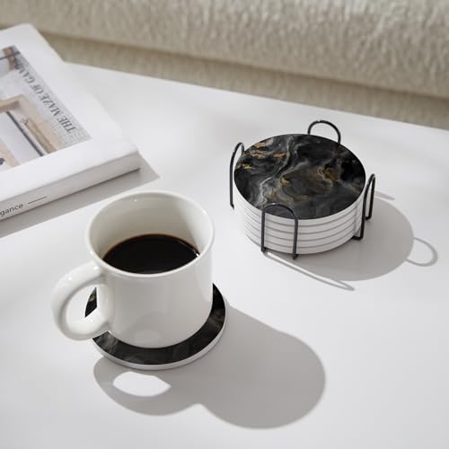 Image of Set of 6 Abstract Black Marble Coasters with Holder, Absorbent Ceramic Coasters for Drinks, Coasters with Cork Backing for Table Protection, Housewarming Gifts for New Home