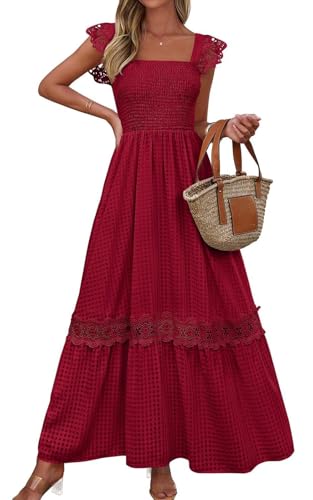 Image of PRETTYGARDEN Women's Smocked Summer Maxi Dresses 2026 Ruffle Cap Sleeve Square Neck Lace Detail Flowy Sundress with Pockets